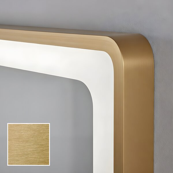 Rounded LED mirror in a gold aluminum frame