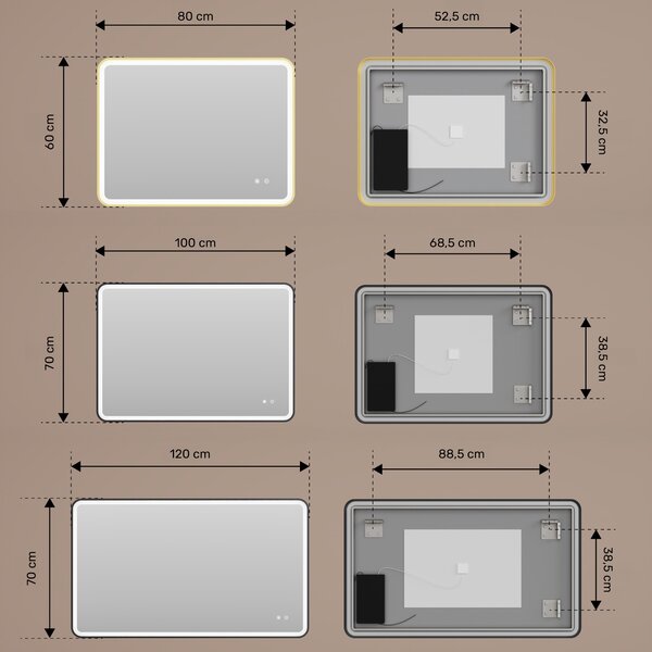 Rounded LED mirror in a gold aluminum frame