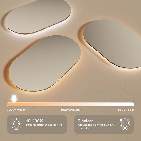 Rounded LED mirror in a gold aluminum frame