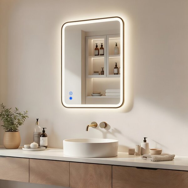 Rounded LED mirror in a gold aluminum frame