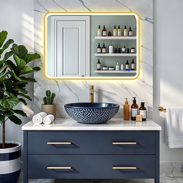 Rounded LED mirror in a gold aluminum frame