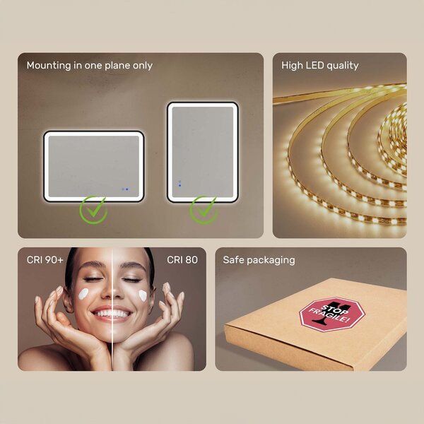 Rounded LED mirror in a gold aluminum frame