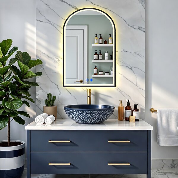 Irregular mirror with LED backlighting in a black aluminum frame