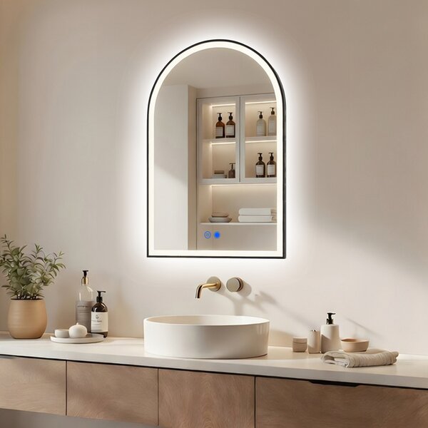 Irregular mirror with LED backlighting in a black aluminum frame