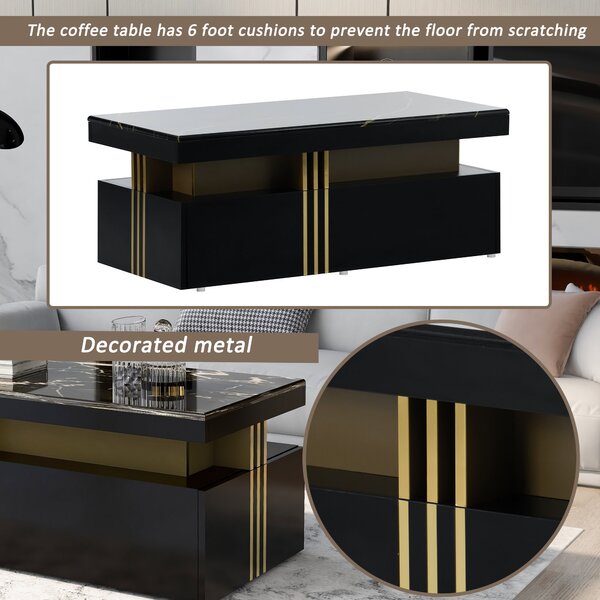 Modern Rectangular Coffee Table with Marble Veneer Top and 2 Wooden Drawers, Table in Trendy Design for Living Room, 100x50x40 cm, Black Aosom UK