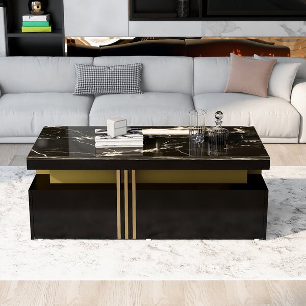 Modern Rectangular Coffee Table with Marble Veneer Top and 2 Wooden Drawers, Table in Trendy Design for Living Room, 100x50x40 cm, Black Aosom UK