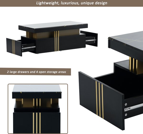 Modern Rectangular Coffee Table with Marble Veneer Top and 2 Wooden Drawers, Table in Trendy Design for Living Room, 100x50x40 cm, Black Aosom UK