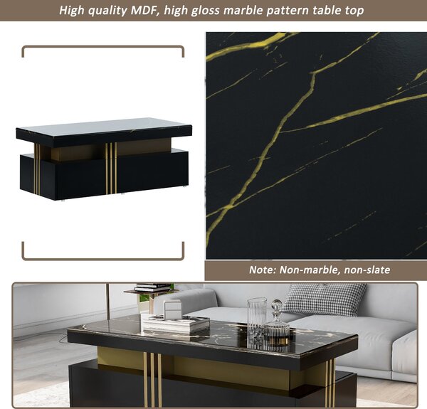 Modern Rectangular Coffee Table with Marble Veneer Top and 2 Wooden Drawers, Table in Trendy Design for Living Room, 100x50x40 cm, Black Aosom UK
