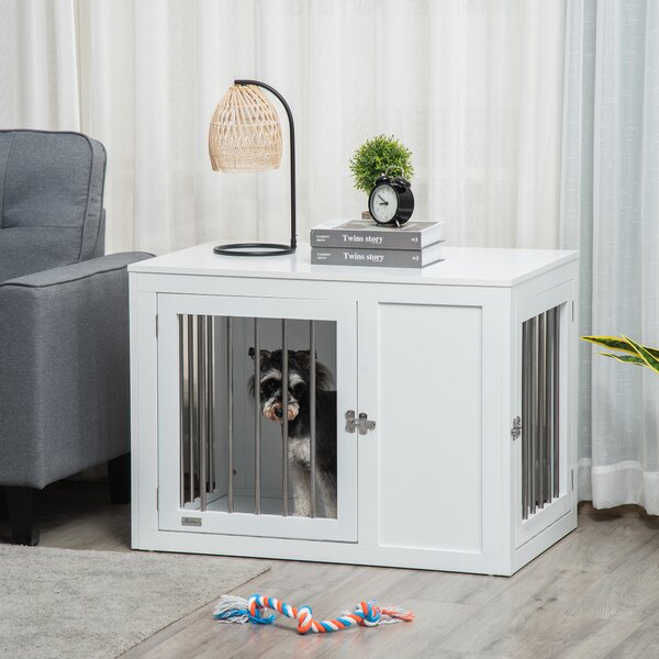 PawHut Furniture Style Dog Crate, End Table Pet Cage Kennel, Indoor Decorative Puppy House, w/ Double Doors, Locks, for Medium Dogs, White Aosom UK
