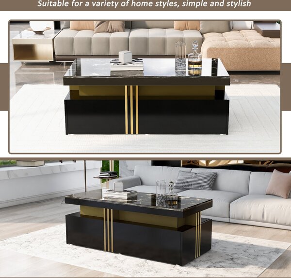 Modern Rectangular Coffee Table with Marble Veneer Top and 2 Wooden Drawers, Table in Trendy Design for Living Room, 100x50x40 cm, Black Aosom UK