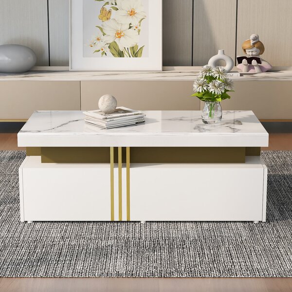 Modern Rectangular Coffee Table with Marble Veneer Top and 2 Wooden Drawers, Table in Trendy Design for Living Room, 100x50x40 cm, White Aosom UK