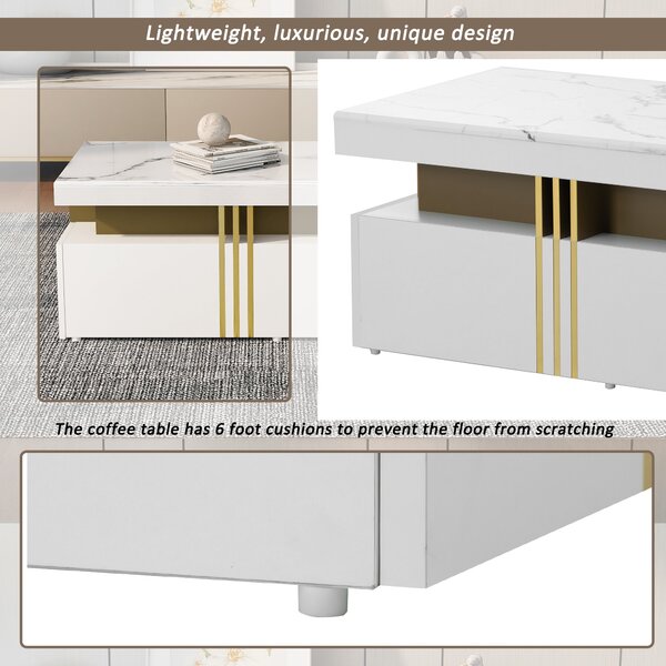 Modern Rectangular Coffee Table with Marble Veneer Top and 2 Wooden Drawers, Table in Trendy Design for Living Room, 100x50x40 cm, White Aosom UK