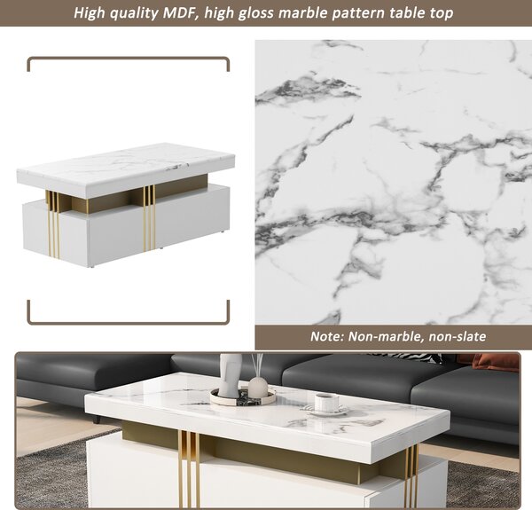 Modern Rectangular Coffee Table with Marble Veneer Top and 2 Wooden Drawers, Table in Trendy Design for Living Room, 100x50x40 cm, White Aosom UK