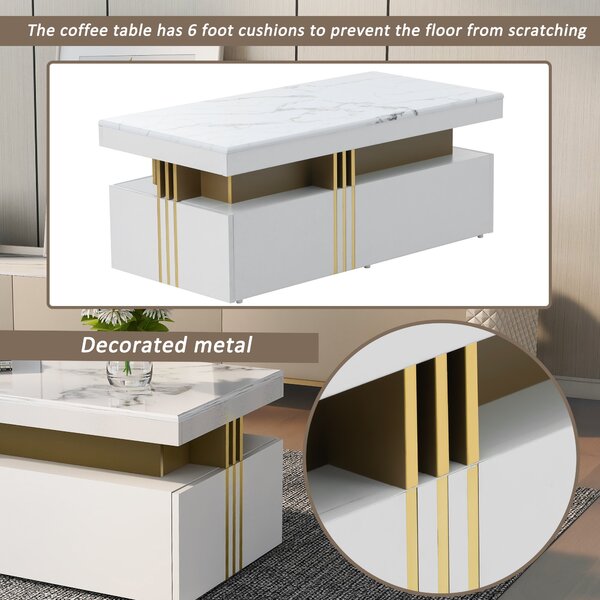 Modern Rectangular Coffee Table with Marble Veneer Top and 2 Wooden Drawers, Table in Trendy Design for Living Room, 100x50x40 cm, White Aosom UK