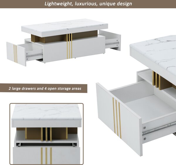 Modern Rectangular Coffee Table with Marble Veneer Top and 2 Wooden Drawers, Table in Trendy Design for Living Room, 100x50x40 cm, White Aosom UK
