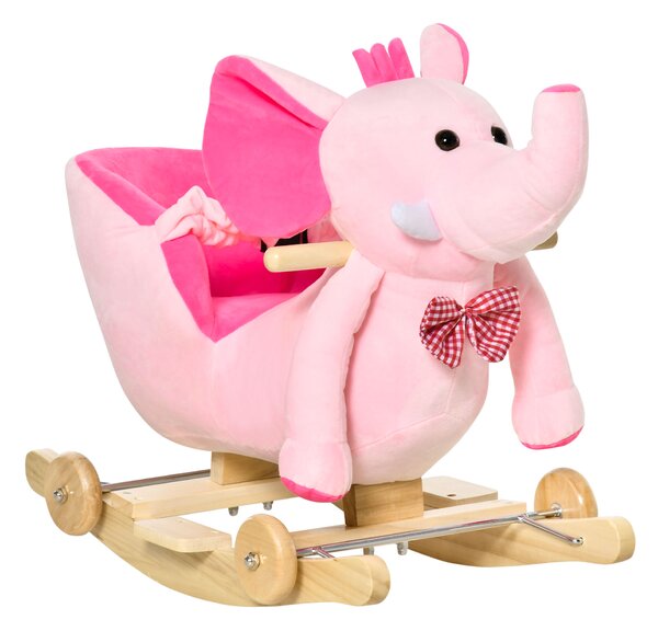 HOMCOM 2 In 1 Plush Baby Ride on Rocking Horse Elephant Rocker with Wheels Wooden Toy for Kids 32 Songs (Pink)