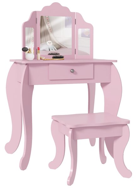 HOMCOM Kids Vanity Table and Chair Set with Tri-Folding Mirror and Stool, Makeup Dressing Table with Drawer, Pink