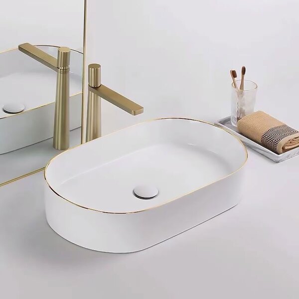 Ceramic Countertop Basin Rea Nadia White Gold Edge