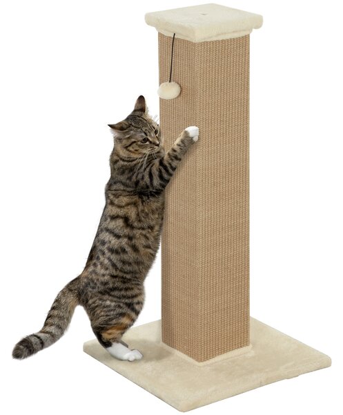 PawHut 81cm Cat Scratcher, Vertical Full Scratcher w/ Natural Jute Rope, Hanging Ball, Soft Plush - Beige