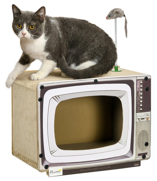 PawHut TV-Shaped Scratching Board with Scratcher, Catnip, Toy Rat, Cat Scratcher for Indoor Cats, 43 x 23 x 32.5cm Aosom UK