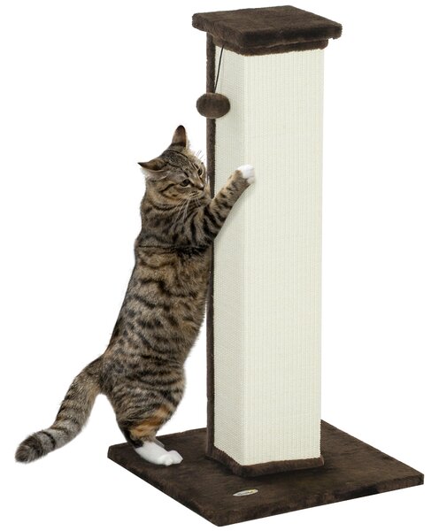 PawHut 81cm Cat Scratcher, Vertical Full Scratcher w/ Natural Sisal Rope, Hanging Ball, Soft Plush - Brown