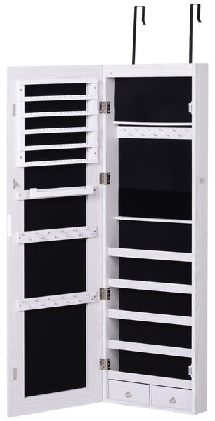 HOMCOM Mirrored Jewellery Cabinet, Door/Wall Mounted Organiser, Lockable with 6 LED Lights, White Aosom UK