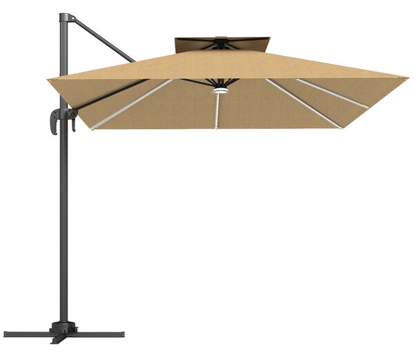 Outsunny 2.5m Cantilever Parasol with Solar Powered LED Lights, 360° Rotation, Tilt Adjustment, Crank Handle, Khaki