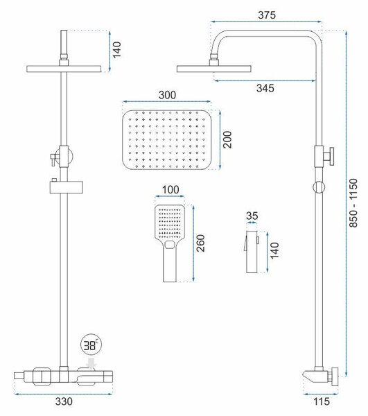 Shower set with thermostatic mixer REA ROB Gold Brush