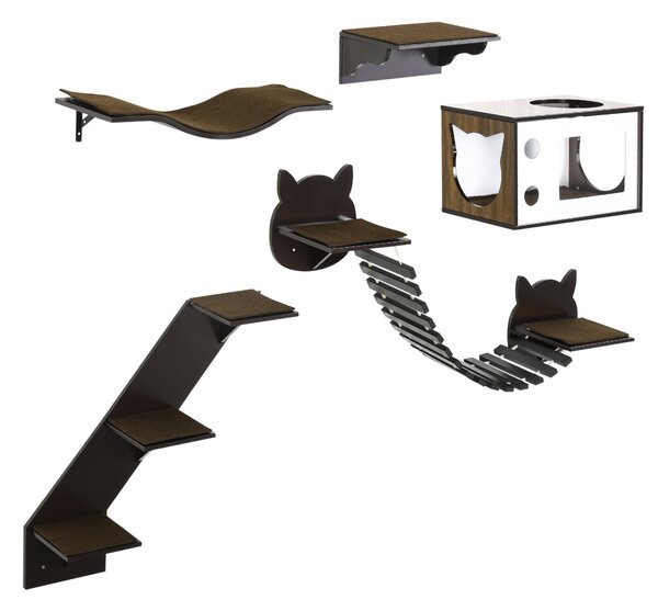 PawHut 5 Pieces Cat Wall Shelves with Curved Platform, Cat Condo, Bridge, Stairs, and Perch, Wall Mounted Cat Tree for Indoor Use, Brown