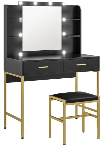 HOMCOM Dressing Table with Lighted Mirror, Cushioned Stool, Drawers, Shelves, Makeup Vanity Desk Set, Modern Dresser Vanity Table Black Aosom UK