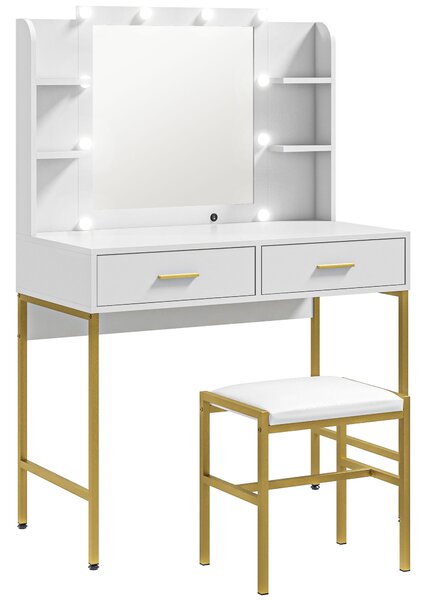 HOMCOM Dressing Table with Lighted Mirror, Cushioned Stool, Drawers, Shelves, Makeup Vanity Desk Set, Modern Dresser Vanity Table White Aosom UK