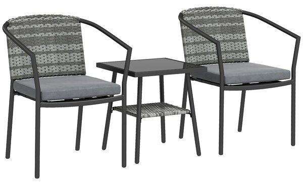 Outsunny 3 Pieces Rattan Bistro Set with Cushions, Wicker Garden Furniture Set, Glass Top Coffee Table and Chairs for Outdoor Patio, Balcony, Terrace and Conservatory, Grey