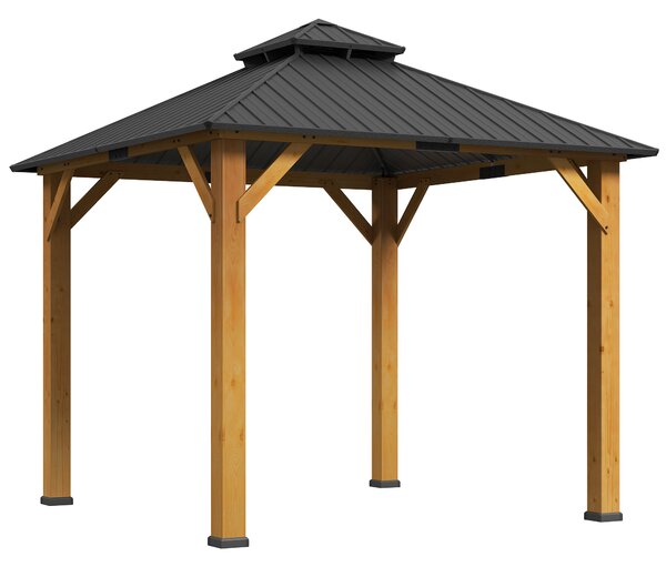 Outsunny 3x(3)M Outdoor Hardtop Gazebo Canopy with 2-Tier Roof and Solid Wood Frame, Outdoor Patio Shelter for Patio, Garden, Grey
