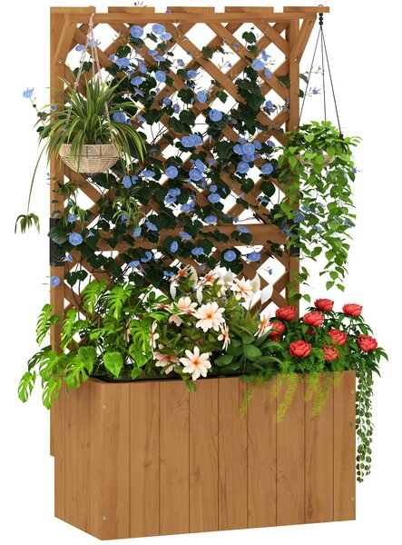 Outsunny Wooden Planter with Trellis, Freestanding Raised Garden Bed with Drainage Holes, Outdoor Planter Box with Liner for Vegetables, Herbs and Flowers, Natural
