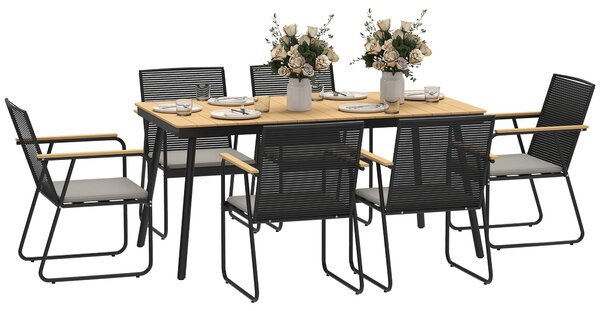 Outsunny 6 Seater Garden Dining Set with Soft Cushions, Rattan Backrest, Rectangular Plastic Top, Garden Furniture Set, Outdoor Dining Table and Chairs for Patio, Balcony, Poolside, Nature Wood Finish