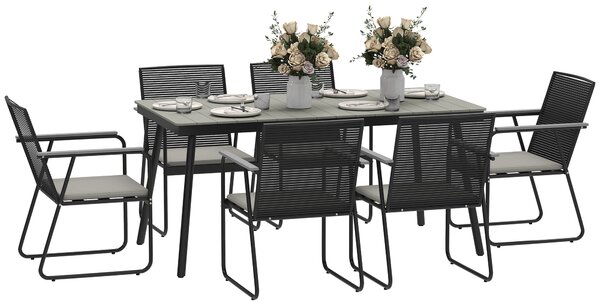 Outsunny 6 Seater Garden Dining Set with Soft Cushions, Rattan Backrest, Rectangular Plastic Top, Garden Furniture Set, Outdoor Dining Table and Chairs for Patio, Balcony, Poolside, Grey