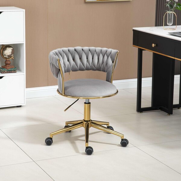 Velvet Swivel Executive Office Desk Chair with Hand-Woven Backrest and Stainless Base, 360° Swivel, Height Adjustable, 62x62x77 cm, Gray Aosom.UK