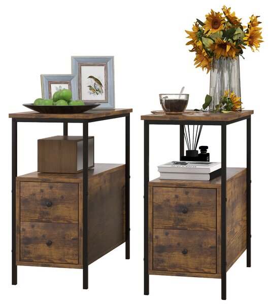 HOMCOM Set of 2 Side Table, Narrow Bedside Table with 2 Drawers and Storage Shelf, Industrial End Table with Metal Frame for Small Spaces, Rustic Brown Aosom UK