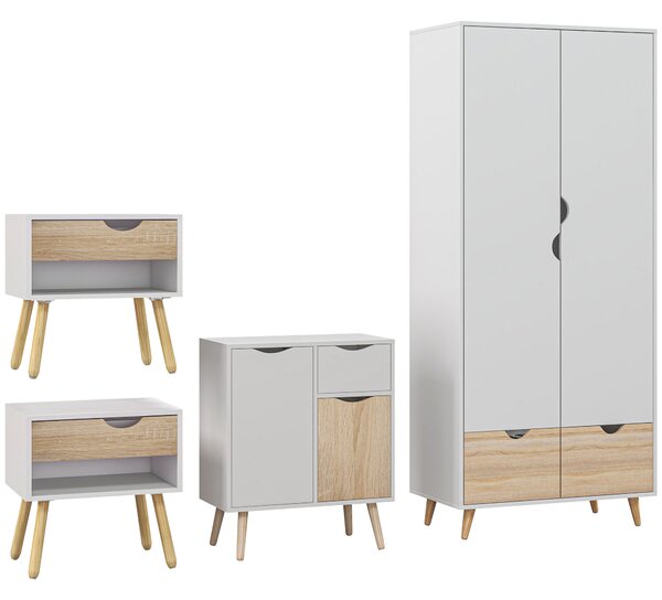 HOMCOM Bedroom Furniture Set, Wardrobe with Hanging Rail, Bedside Table, Floor Cabinet with Storage, Nature Wood Finish and White Aosom UK