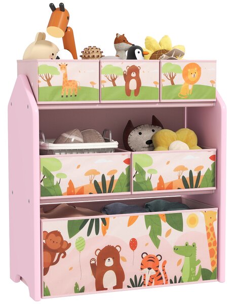 AIYAPLAY 3-Tier Kids Toy Storage Unit with 6 Removable Storage Boxes, for Playroom, Bedroom, Children's Room, Nursery, Pink