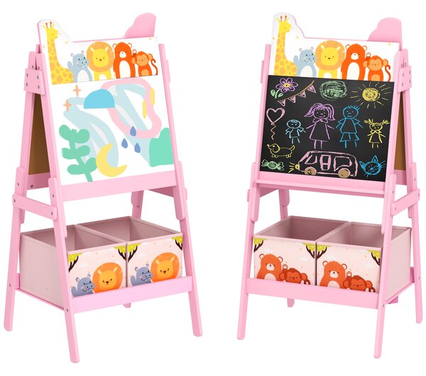 AIYAPLAY 2-in-1 Kids Easel with Magnetic Whiteboard & Chalkboard, Adjustable Storage Boxes for Kids 3-8 Years, Pink Aosom UK