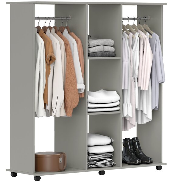 HOMCOM Double Open Wardrobe on Wheels, Bedroom Wardrobe with Clothes Hanging Rails, 3 Storage Shelves, Mobile Garment Rack for Cloakroom, Hallway, Grey