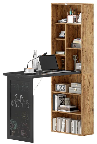 HOMCOM Folding Desk with Blackboard Multi-function Computer Office Workstation Side Shelf for Home Office, Rustic Brown