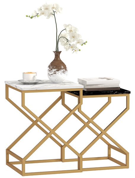 HOMCOM Set of Two Marble-Effect Nesting Tables