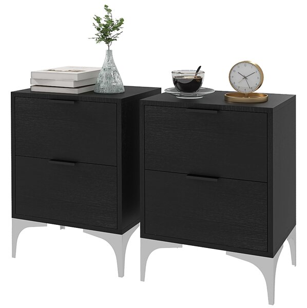 HOMCOM Bedside Tables Set of 2, Modern Nightstand w/ 2 Drawers, Small Sofa End Tables w/ Storage & Steel Legs for Bedroom, Living Room Aosom UK