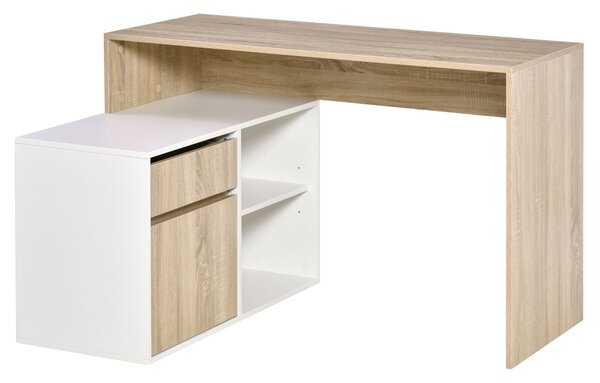 HOMCOM L-Shaped Corner Computer Desk, Oak and White Study Table with Storage Shelf, Drawer for Home Office Aosom UK