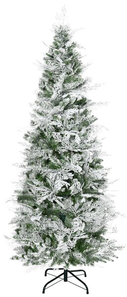 HOMCOM Pencil Snow Flocked Artificial Christmas Tree with Realistic Cypress Branches, Auto Open, Green