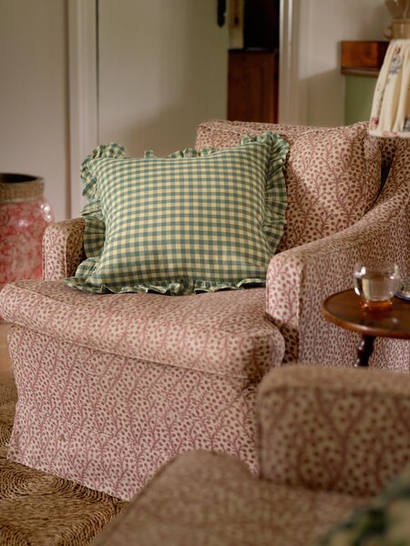 Elm Green & Butter Yellow Gingham Frill Linen Blend Filled Cushion | 45 x 45cm | Piglet in Bed