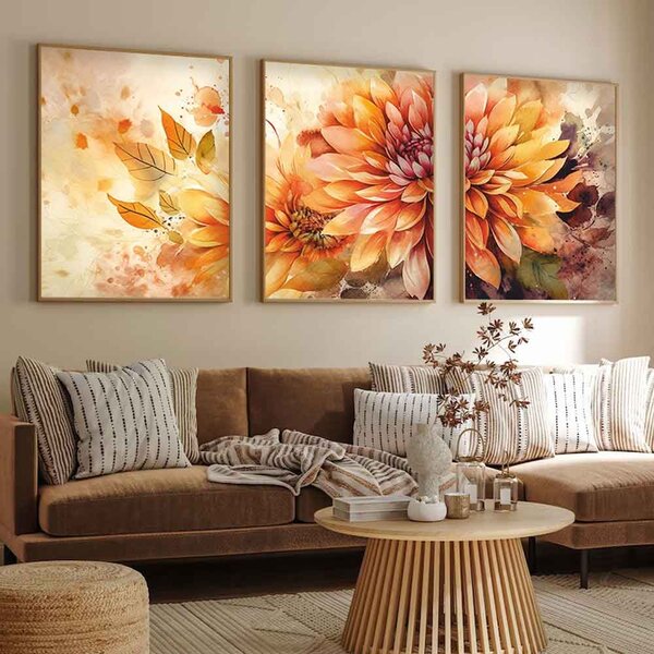 Impressionist Wooden 20x30cm Golden Dahlia Art of Frame Set of 3 in Multicolour