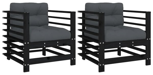Velaro Garden Black Solid Pinewood Armchairs with Anthracite Cushions in Pair